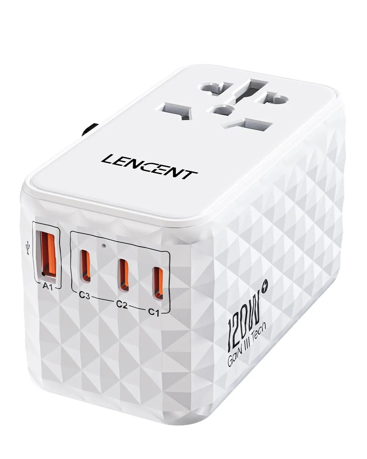 LENCENT 120W GaN Universal Travel Adapter With1 USB-A+3 Type-C All-in-one Adapter Fast Charger EU/UK/USA/AUS Plug for Travel