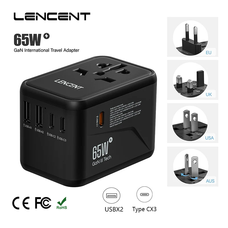 LENCENT 65W GaN Universal Travel Adapter with 2 USB Ports 3 Type C Fast Charging Power Adapter EU/UK/USA/AUS plug for Travel