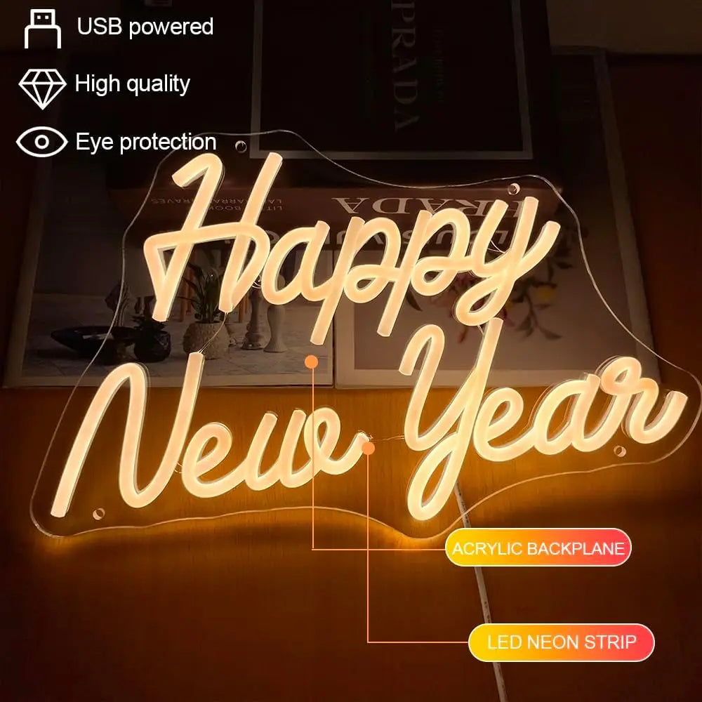 Happy New Year 2025 Neon Led Sign Warm Letter Lights Room Decoration Bedroom Party Bar Club Shop Dimmable Wall Light Up Signs
