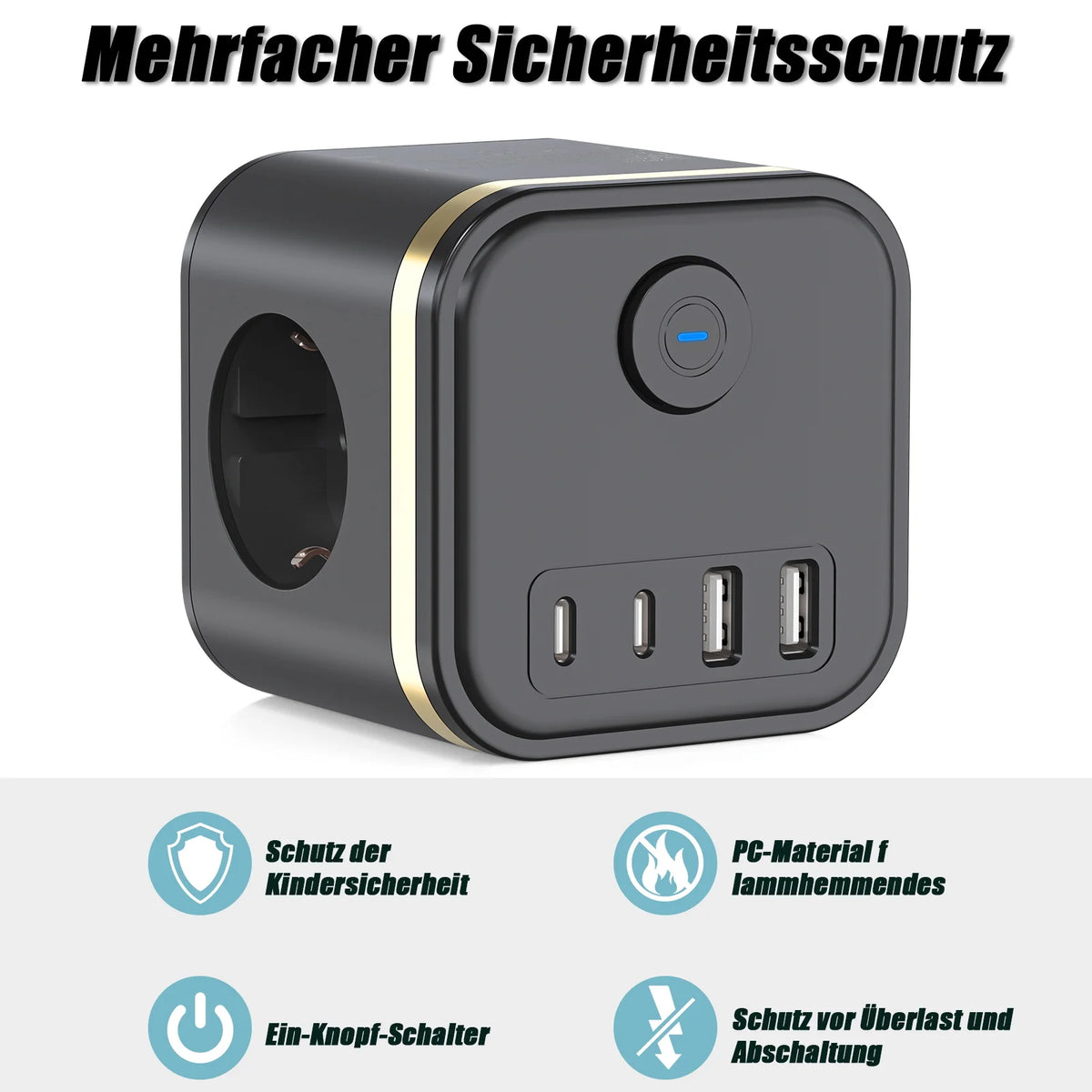 European plug wall socket power strip with 3 AC outlets, 2 USB and 2 Type-C ports fast charging extender with indicator switch