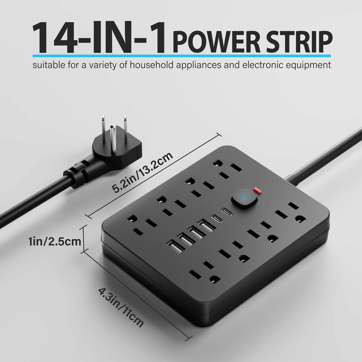 14-in-1 US Power Outlet, Extension Cord, 5ft Corded Power Outlet Surge Protector, 8 AC Outlets, 4 USB 2 Type-C, Desktop Charging