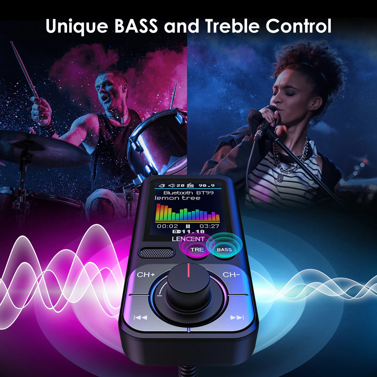 LENCENT FM Transmitter Modulator Car Bluetooth 5.0 with 2USB ports QC3.0  Car Fast Charger MP3 Player Radio Transmitter