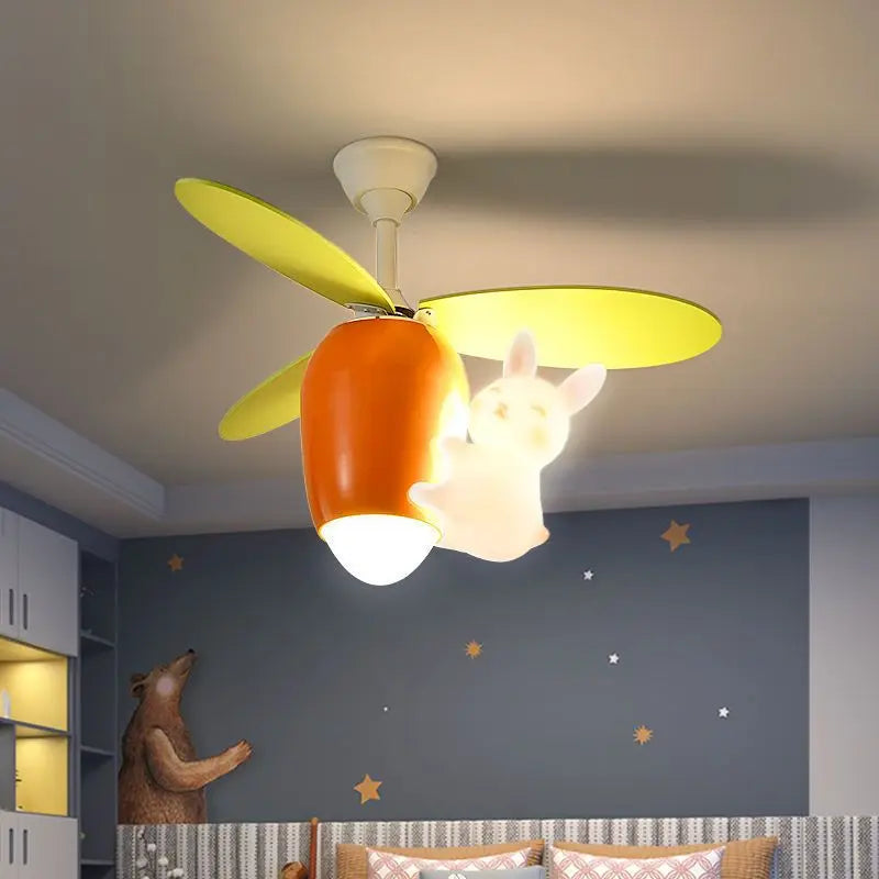 Children&#39;s Room Pendant Light Fan Cute Cartoon Rabbit Carrot Helicopter Shaped Boy And Girl Bedroom Ceiling Fan Lamp