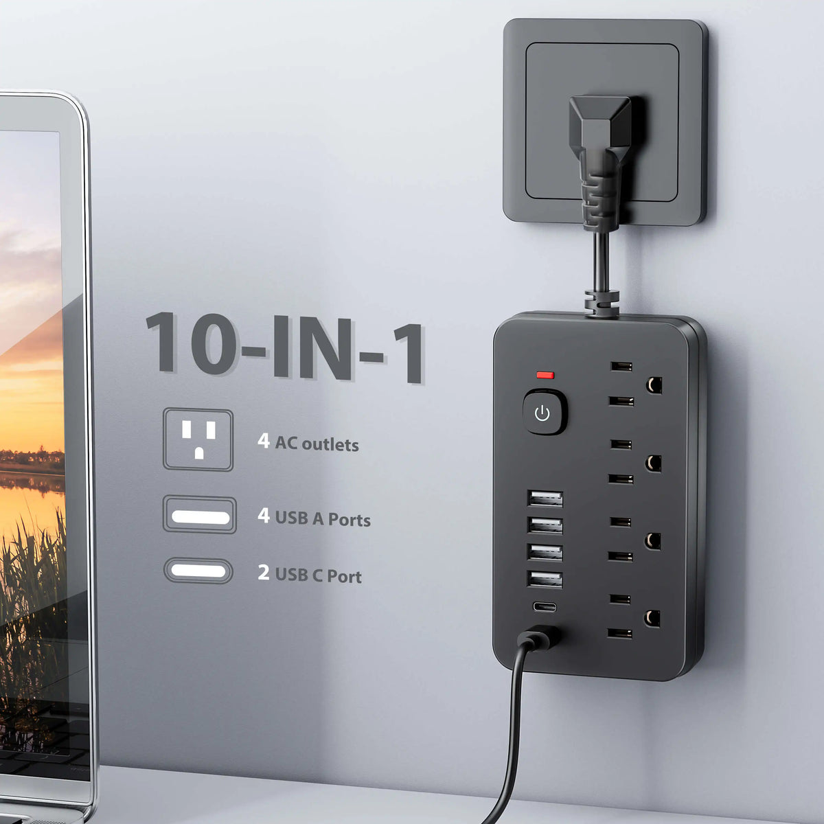 10-in-1 US Power Outlet, Power Outlet Surge Protector, 4 AC Outlets, 4 USB 2 Type-C, Desktop Charging Station with Overload Prot