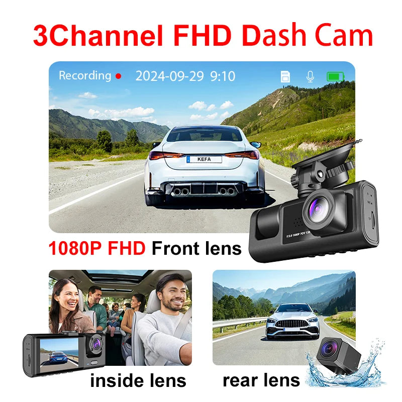 3 Channel DashCam 1080P FHD Car Camera, Front Rear Inside 3-Lens Car DVR Recorder, Equipped 2&quot; IPS Screen Vehicle Camera