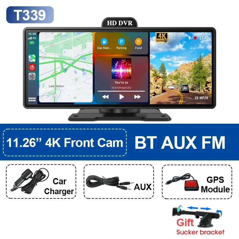 11.26&#39;&#39; inch Car DVR 4K Dash Cam Dual Lens Wireless Carplay &amp; Android Auto Video Recorder Monitor GPS Navigation 5G Wifi FM AUX