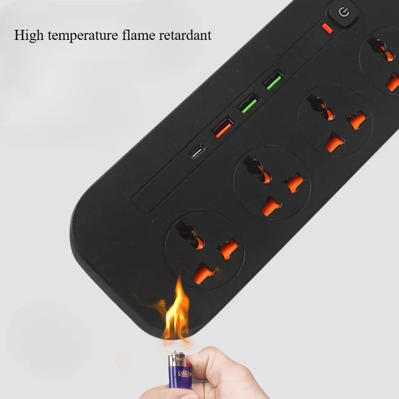 Power Strip EU UK US Plug Surge Protector Socket 2m Extension Cord with 3 USB 1 Type-C Ports 3/4 Jacks Universal Outlet for Home