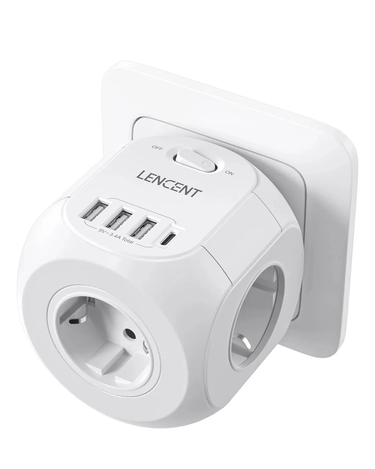 LENCENT Wall Socket Extender with 3 AC Outlets 3 USB Ports And1 Type C 7-in-1 EU Plug Charger On/Off Switch for Home