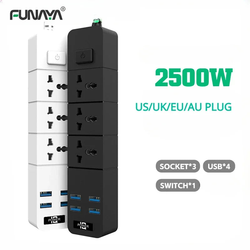 Power Strip Socket Universal Multi Plug 1 2 3 Outlest 110~250V 4 USB 5V 2.1A  2500W Black White Extension Cord Electric Sockets