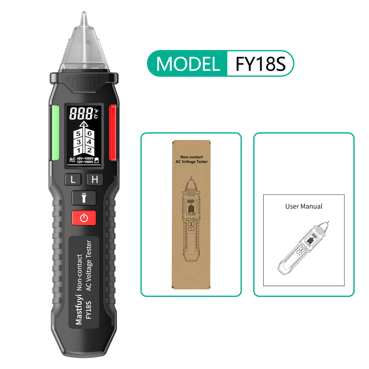 MASTFUYI FY18S Non-contact Voltage Tester, NCV Induction Head, Smart Breakpoint Handheld Circuit Detection Tool DC: 12V-1000V