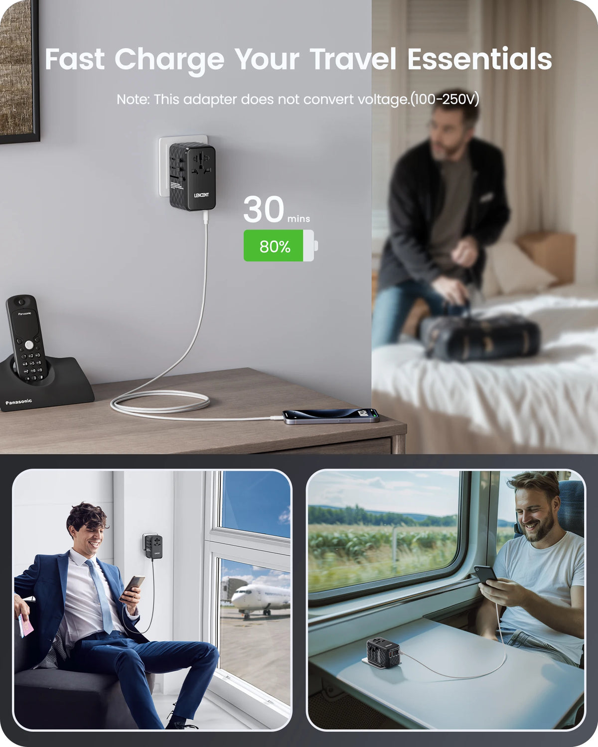 LENCENT 140W GaN Universal Travel Adapter with 1USB-A Ports 3 Type C Fast Charging Power Adapter EU/UK/USA/AUS Plug for Travel