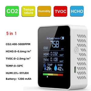 Multifunctional 5in1 CO2 Meter Digital Temperature Humidity Tester Carbon Dioxide TVOC HCHO Detector Air Quality Monitor