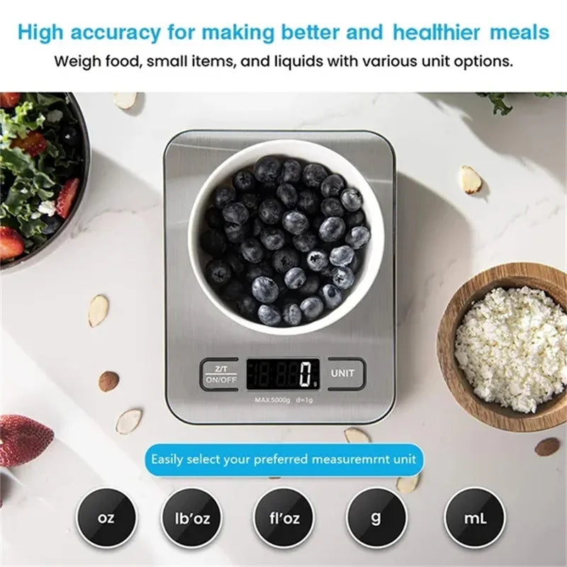 Digital Kitchen Scale 5kg/10kg Stainless Steel Panel USB Charg Precise Small Platform Scale Portable Multifunction LCD Display - Stereotech