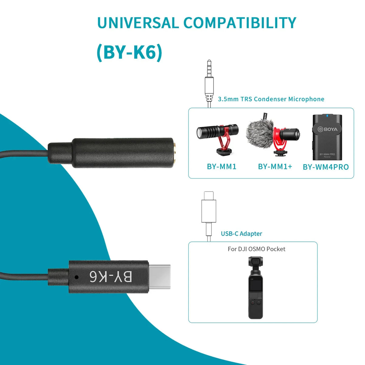 BOYA BY-K6 3.5mm TRS (Female) to Type-c (Male) Audio Adapter Cable for DJI OSMO™ Pocket Only