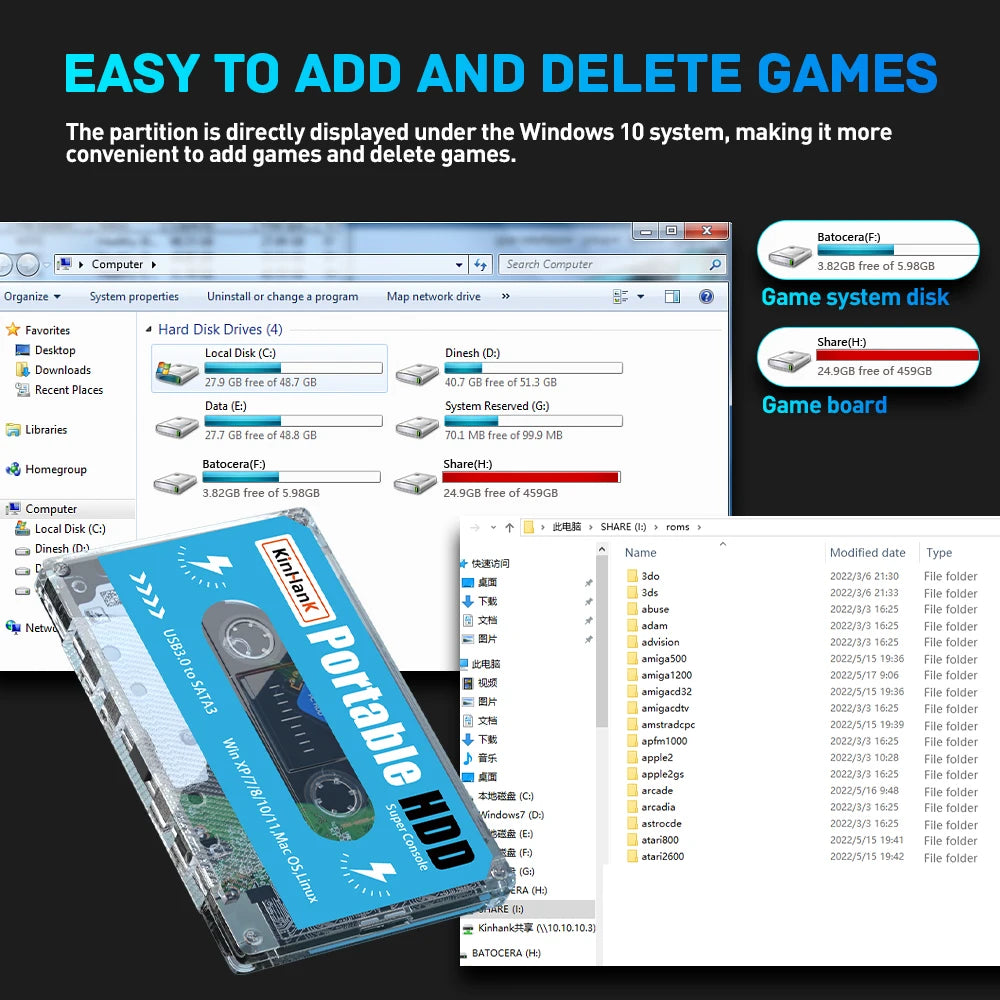 Super Console Batocera 500G External Hard Drive Disks Built-in 110000 Retro Games For PS2/PS1/PSP/SS HDD For PC Laptop Computer