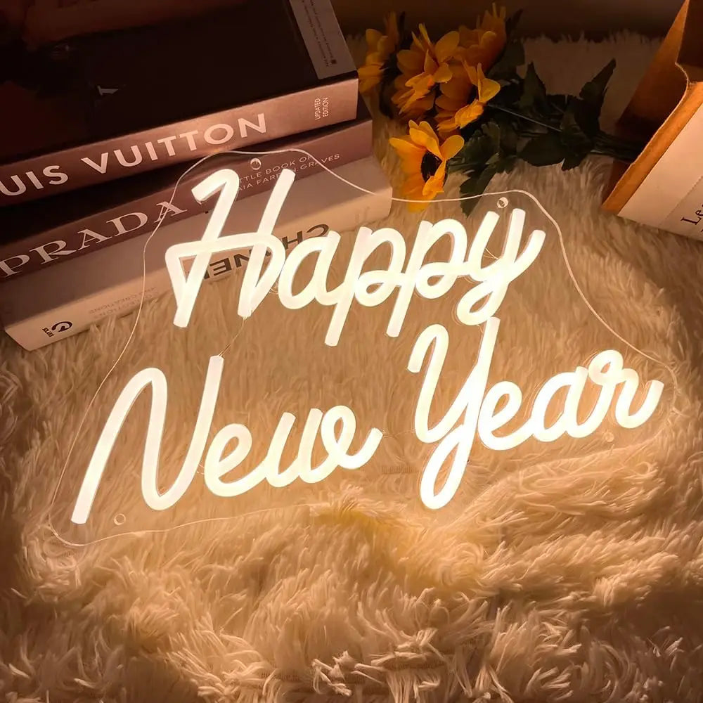 Happy New Year 2025 Neon Led Sign Warm Letter Lights Room Decoration Bedroom Party Bar Club Shop Dimmable Wall Light Up Signs