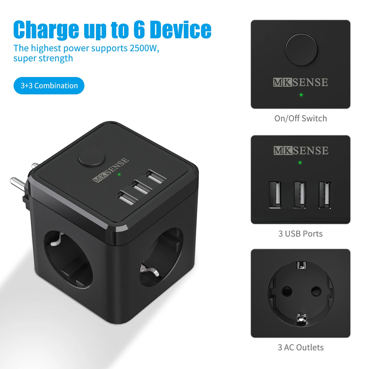 EU Plug Electric Power Strip Cube with 3 AC Outlets 3 USB Port  2400W 5V 2.4A Multi Socket with Switch for Home Without Cable