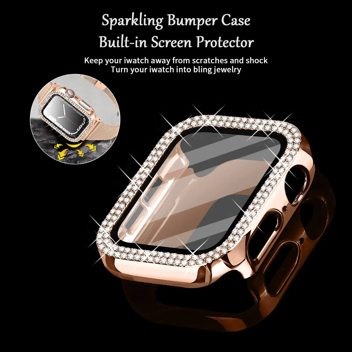 Tempered Glass+Cover For Apple watch Case 45mm 41mm 44mm 40mm Bling Diamond Bumper Screen Protector iWatch series 9 8 7 6 5 4 SE - Stereotech