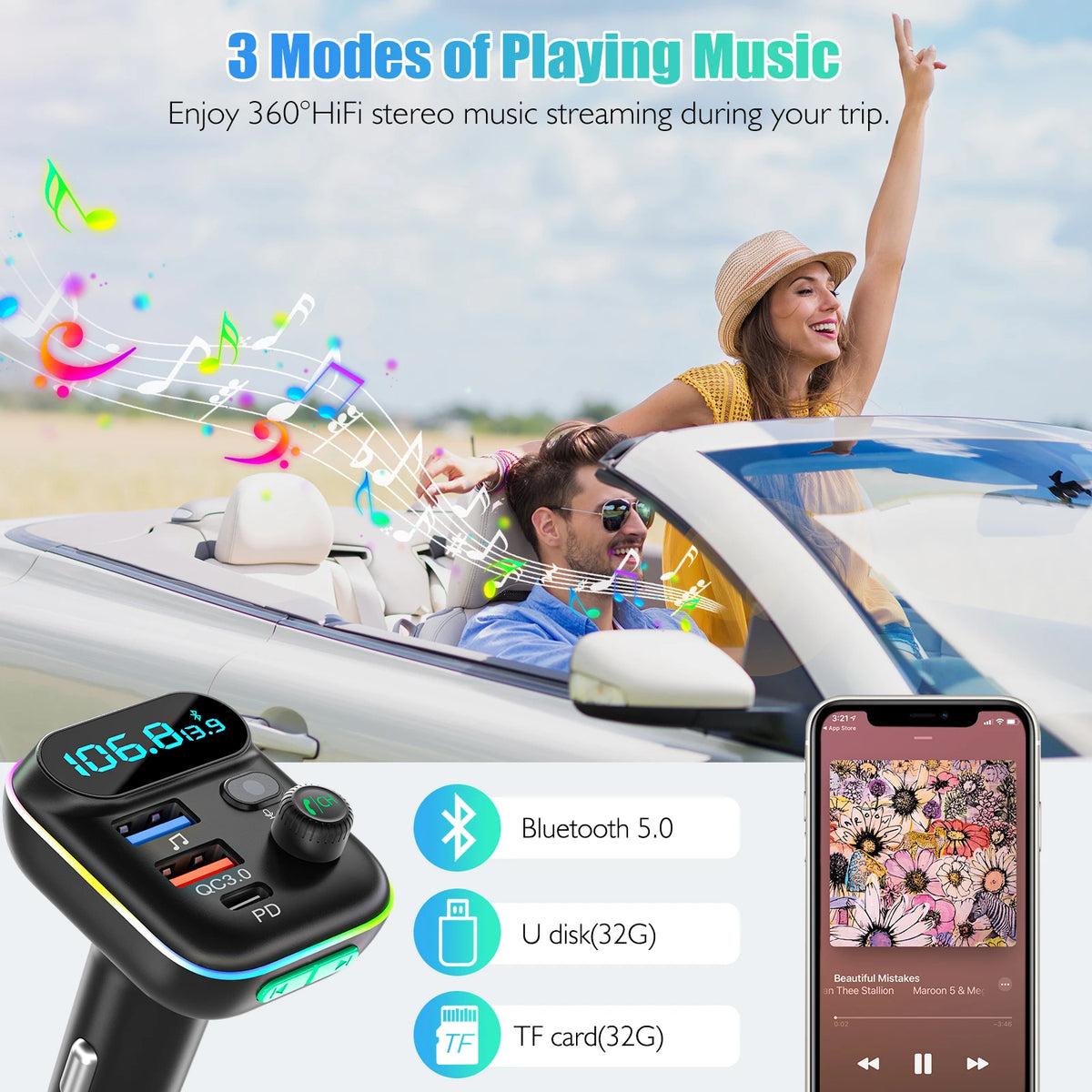 LENCENT FM Transmitter Wireless Bluetooth 5.0 Radio Car Kit  with Type-C PD + QC3.0 Fast USB Charger Mp3 Player Receiver Hi Fi
