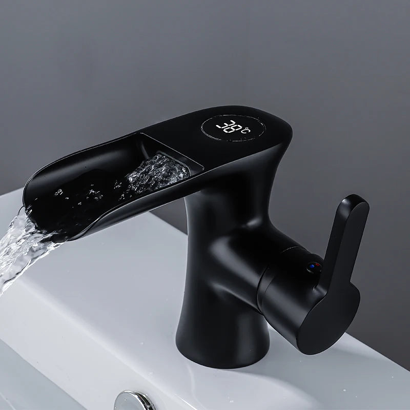 LED Digital Basin Faucet Black Bath Basin Mixer Brass Temperature Display Faucet Smart Tap Sink Faucet For Bathroom A186