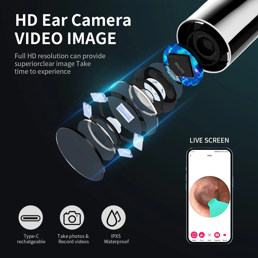 Smart Ear Cleaner with Camera WiFi Connect 6 LED Lights 3.6mm Mini Ear Wax Removal Tool With Camera Take Video HD Earpick - Stereotech