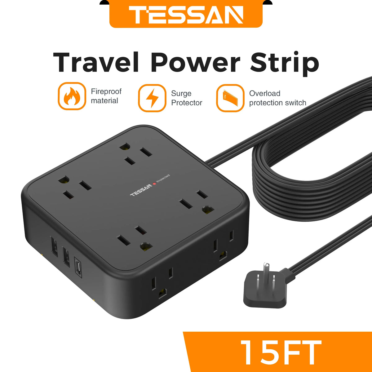 TESSAN Ultra Thin Flat Power Strip Plug with 8 Outlets 3 USB Multi Outlet Surge Protector with 5FT 10FT Extension Cable