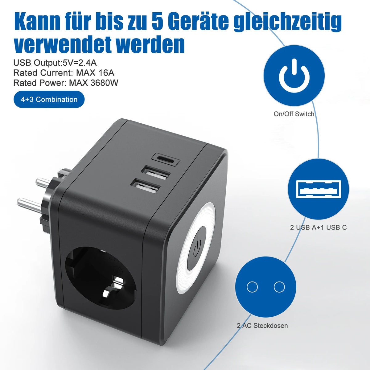 EU Plug Power Strip Cube with 2 AC Outlets 3 USB Charging Ports 250V/16A Multicontact Electric Socket Adapter With Night Light