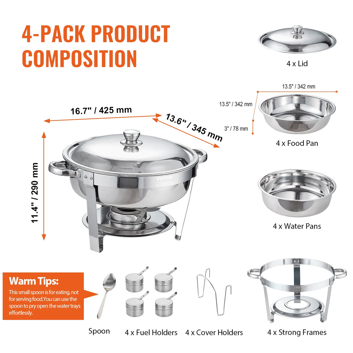 VEVOR 6 Qt 4 Pack Round Chafing Dish Buffet Set with Full Size Pan Stainless Steel Catering Warmer Server with Lid Water Pan - Stereotech