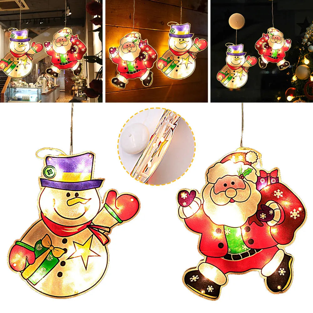 Christmas Window Hanging Led Light Xmas Ornament Suction Cup Battery Decor Santa Claus Snowman Hanging Lamps New