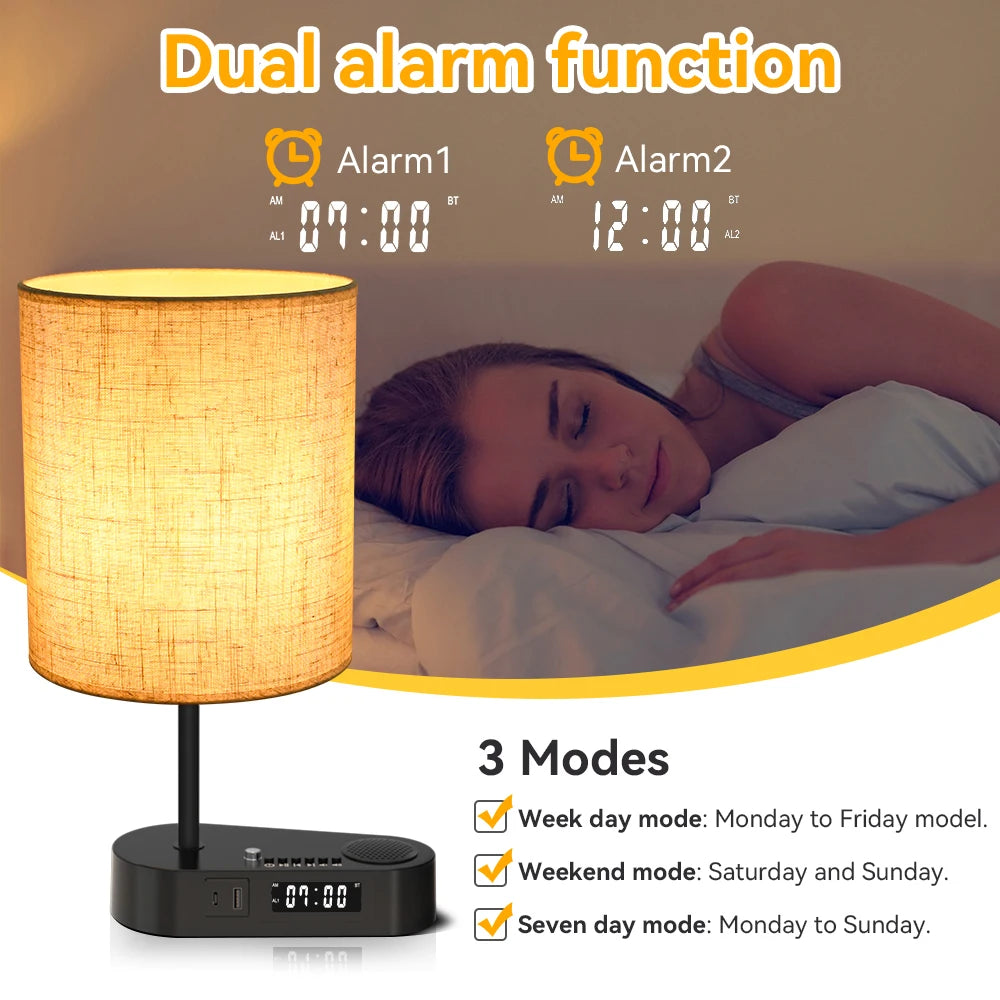 Bedside Table Lamp with Bluetooth and Alarm Clock Function Fabric Music Player Table Lamp Three Color Adjusted for Living Room