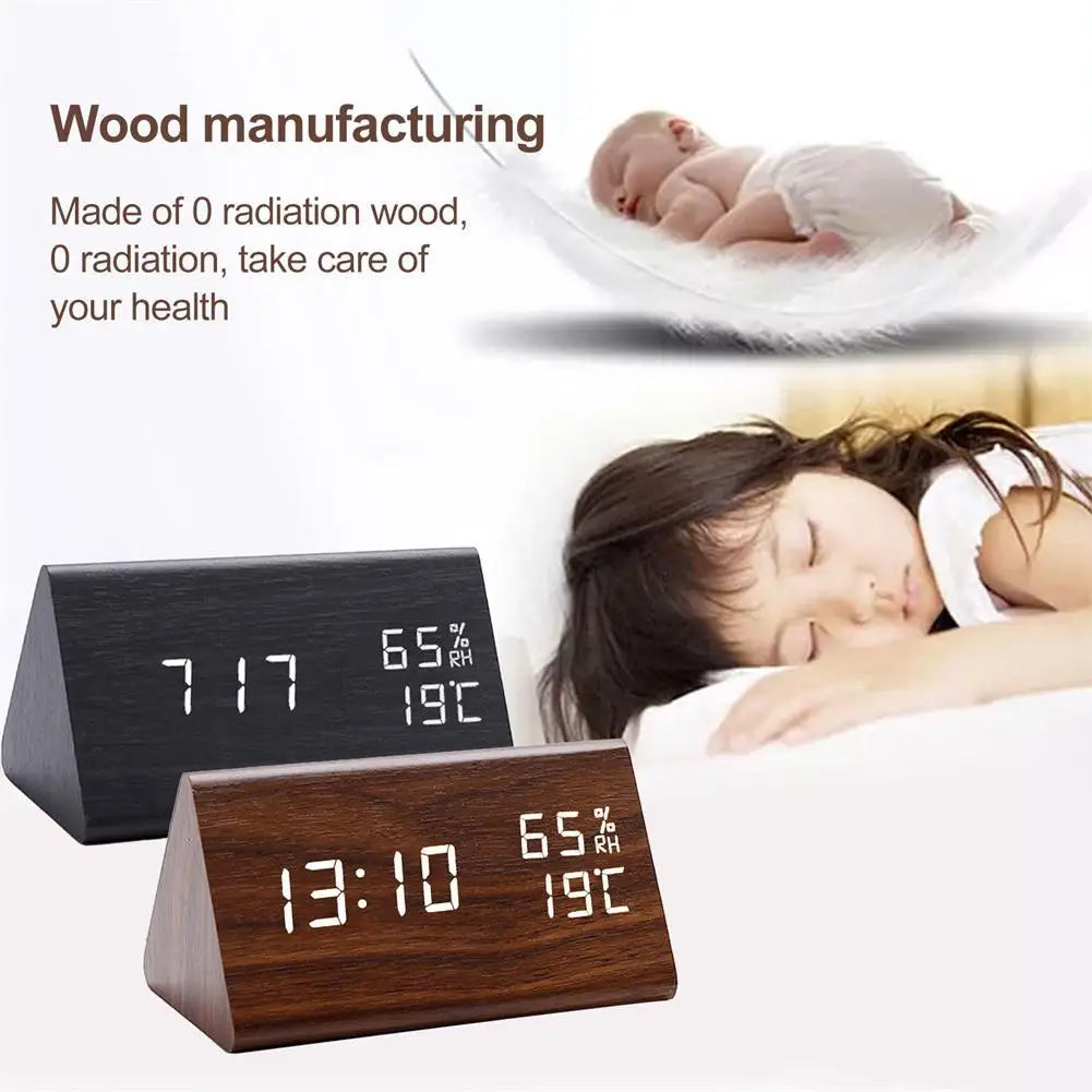 Digital Alarm Clock Desktop Wooden Snooze LED Clocks Sound Control Electronic Display Clock Thermometer Home Decor Gift