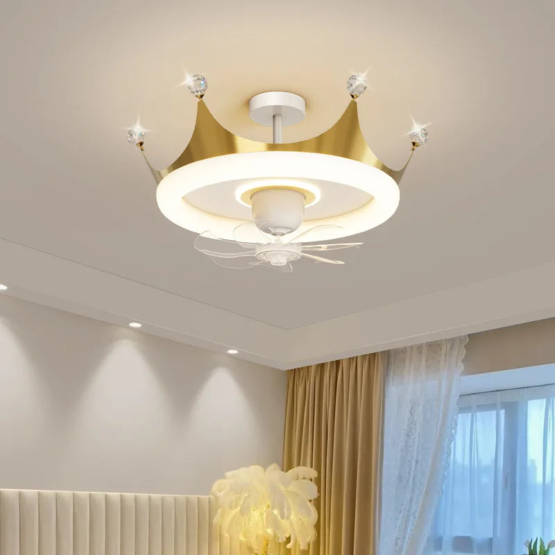 Full Spectrum Eye Protection Electric Fan Ceiling Light Bedroom Light Simple Children&#39;s Princess Room Girl&#39;s Room Crown Electric