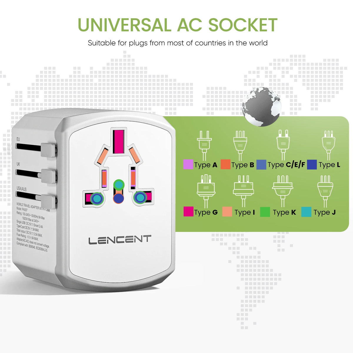 LENCENT International Travel Adapter All-in-one Travel Charger with 3 USB Port and 1 Type C Wall Charger for US EU UK AUS Travel