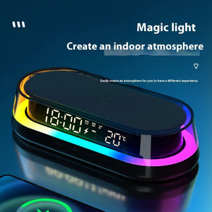 15W Wireless Charging Mobile Phone Holder Digital Clock Display Symphony Lights with Adjustable Brightness Bedroom Night Light