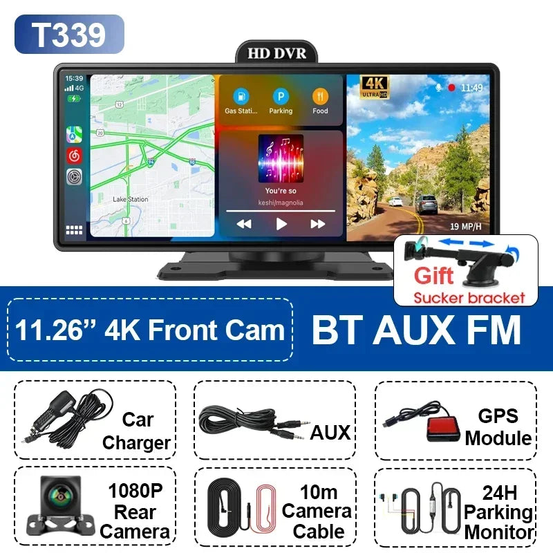 11.26&#39;&#39; inch Car DVR 4K Dash Cam Dual Lens Wireless Carplay &amp; Android Auto Video Recorder Monitor GPS Navigation 5G Wifi FM AUX