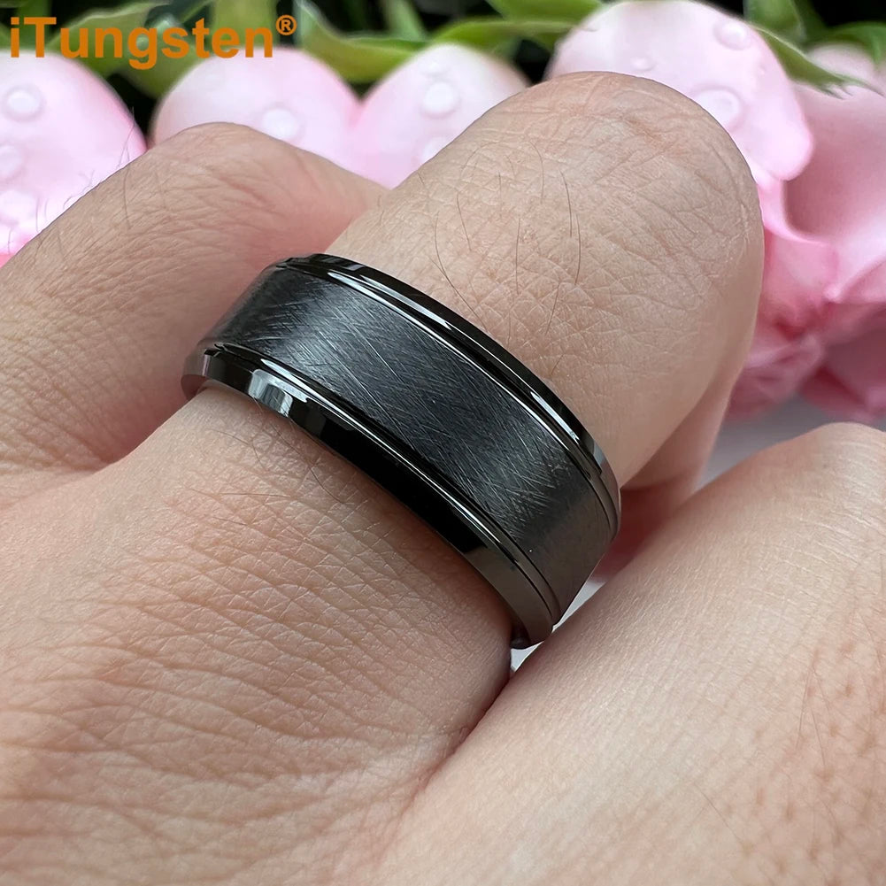 iTungsten 8mm Black Tungsten Carbide Ring for Men Women Trendy Engagement Wedding Band Beveled Edges Brushed Finish Comfort Fit
