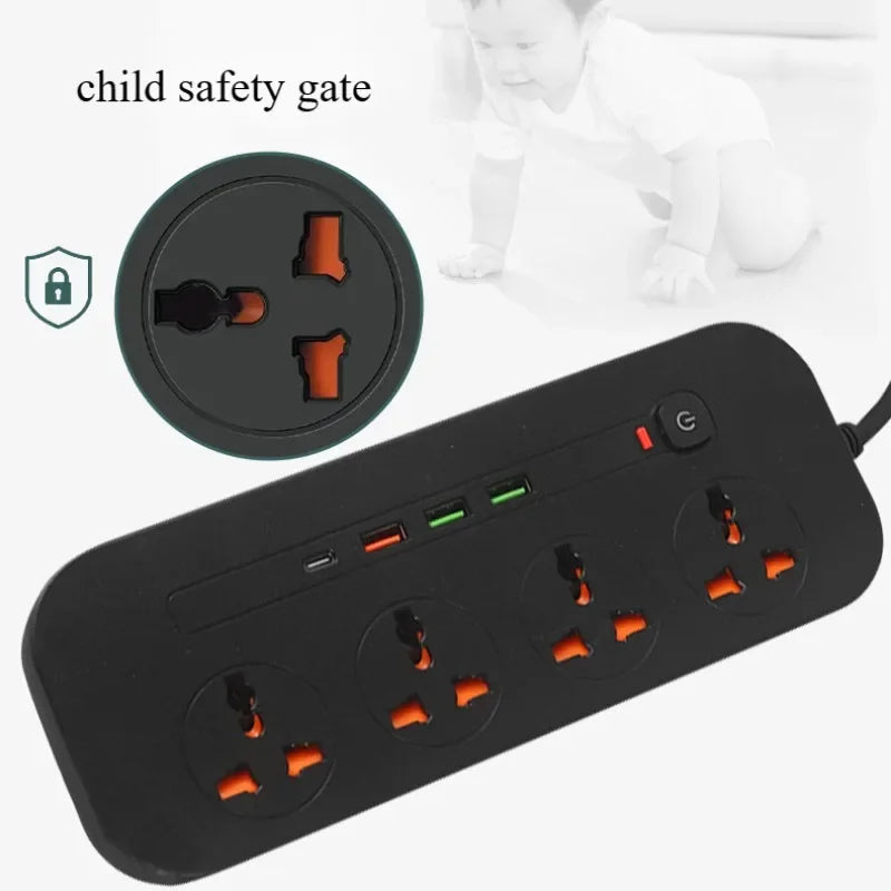 Power Strip EU UK US Plug Surge Protector Socket 2m Extension Cord with 3 USB 1 Type-C Ports 3/4 Jacks Universal Outlet for Home