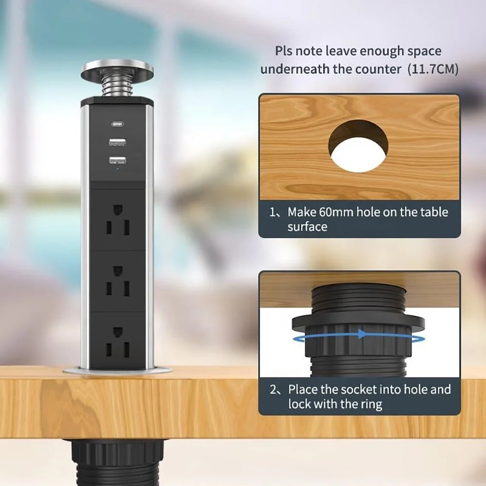 Meler Tablet Socket Power Strip US Electric Plug Pop Up Desk Switch Outlet Hidden Kitchen USB Type-C harger 1.8m Extenstion Cord