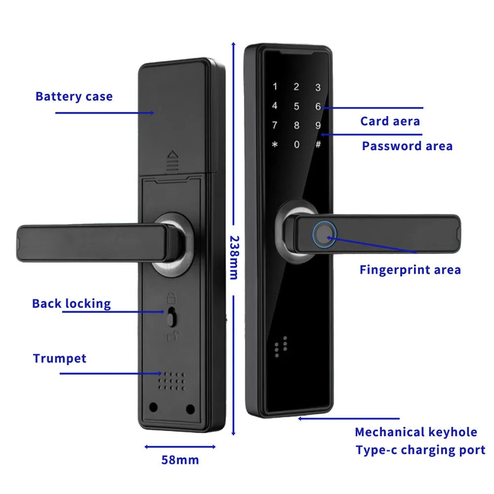 Phipulo Bluetooth Biometric Fingerprint Door Lock Smart Lock Tuya App Remote Unlocking Keyless Lock Electronic Door Lock