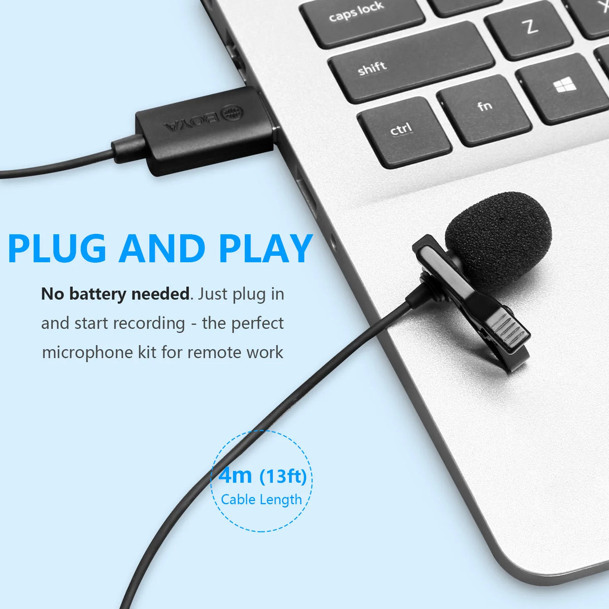 BOYA BY-LM40 4m Lavalier Lapel USB Microphone for PC Gaming Laptop Computer Windows Mac Streaming Vlogging Youtube Recording