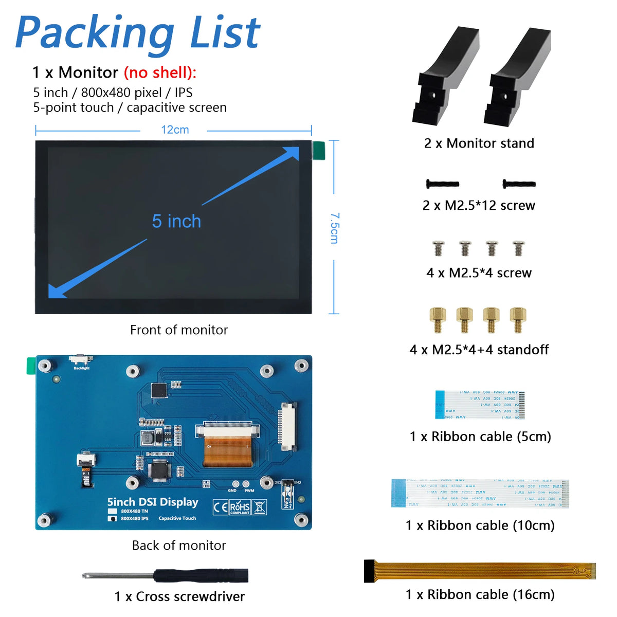 Freenove 5 / 7 Inch Touchscreen Monitor for Raspberry Pi 5 4 B 3 B+ A+, 800x480 Pixel IPS TN Display, Driver-Free MIPI DSI Port