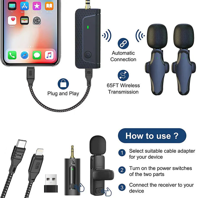 K35 Pro Wireless Lapel Microphone Mini Lavalier Buttonhole Mic For Cell Mobile Phone Camera Streaming Recording PC Iphone Ipad - Stereotech