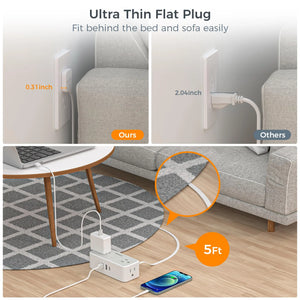 TESSAN Ultra Thin Extension Cord Power Strip with 3 USB 4 AC Adapter Mini Charging Station for Cruise Travel Office School