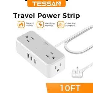TESSAN Ultra Thin Extension Cord Power Strip with 3 USB 4 AC Adapter Mini Charging Station for Cruise Travel Office School