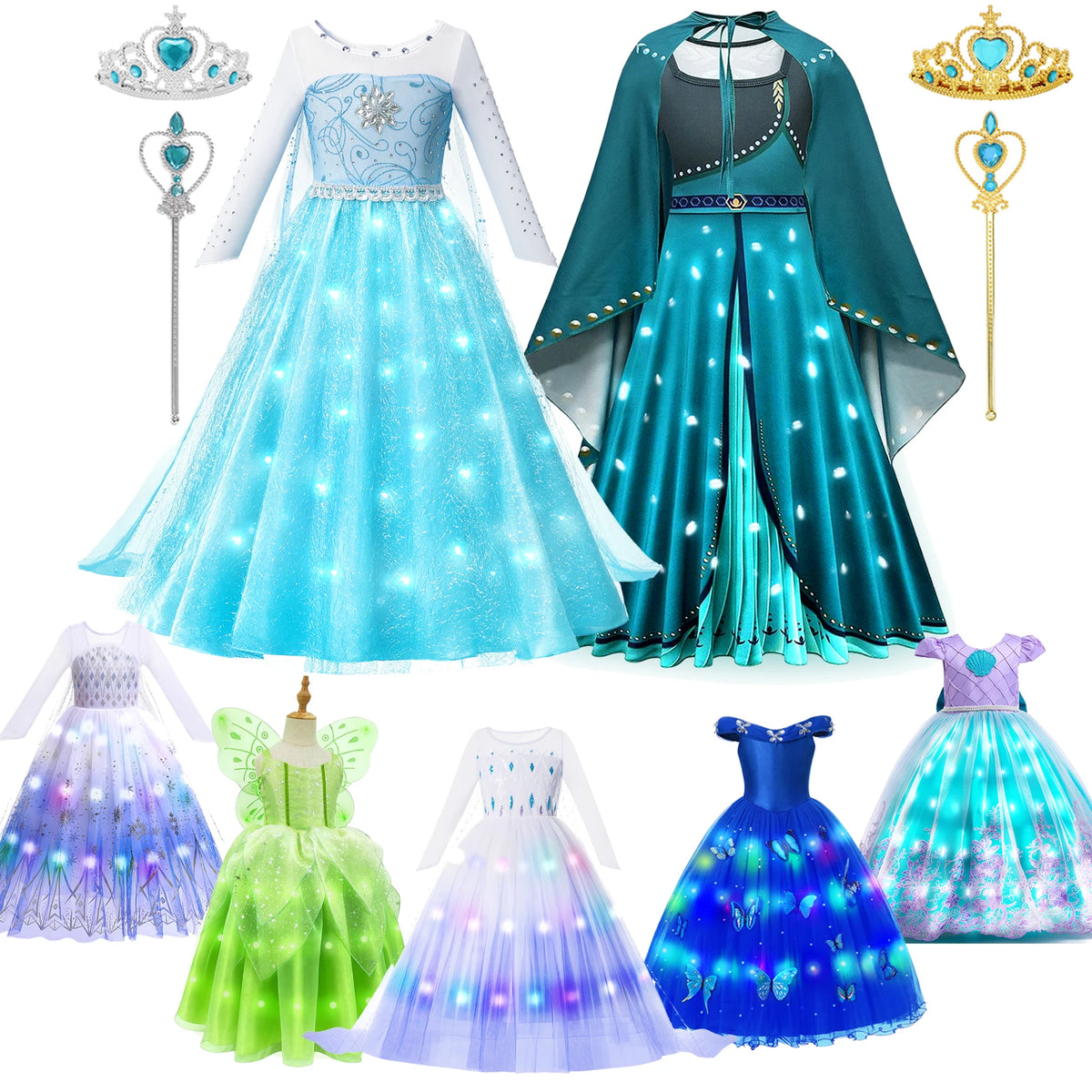 Kids Princess Elsa Anna LED Light Up Costume Girls Halloween Carnival Party Dress Cosplay Mermaid Cinderella Birthday Clothes