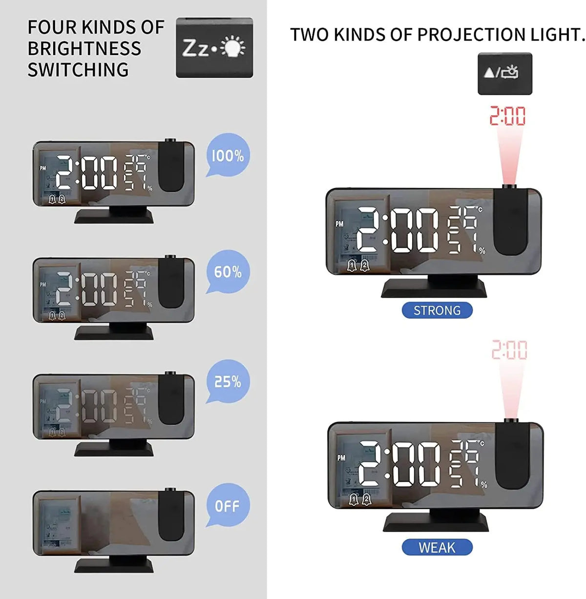 180° Arm Projection LED Digital Alarm Clock Table Watch FM Radio Electronic Bedside Desk Clock Temperature Humidity Display