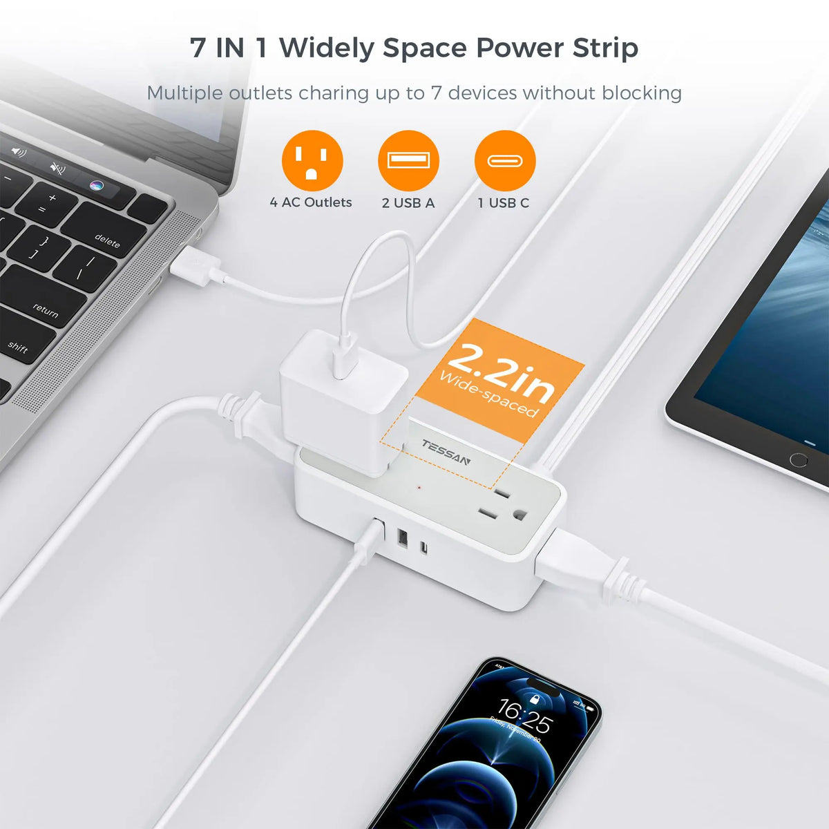 TESSAN Ultra Thin Extension Cord Power Strip with 3 USB 4 AC Adapter Mini Charging Station for Cruise Travel Office School