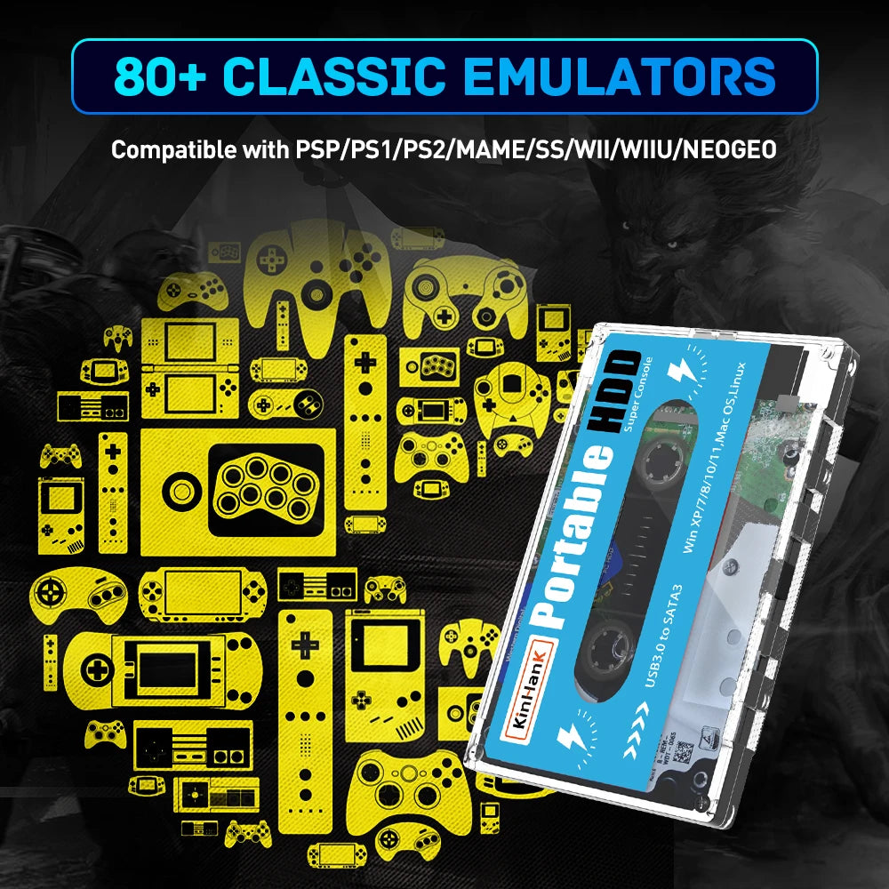 Super Console Batocera 500G External Hard Drive Disks Built-in 110000 Retro Games For PS2/PS1/PSP/SS HDD For PC Laptop Computer