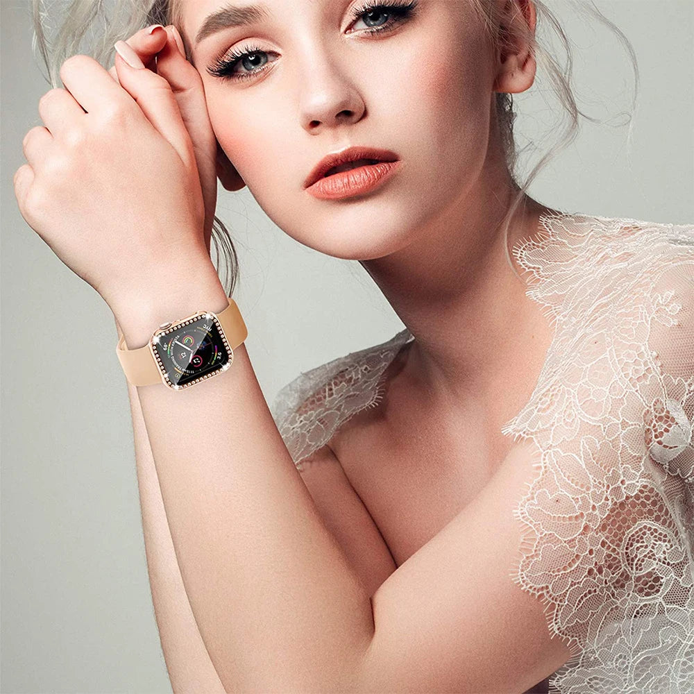 Screen Protector Case For Apple Watch 41mm 45mm 40mm 44mm Diamond Full Cover Bumper + Glass for iWatch Series 9 8 7 6 Se 5 4 3 2 - Stereotech