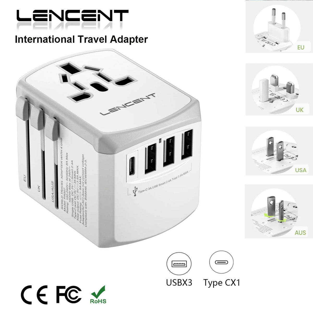 LENCENT International Travel Adapter All-in-one Travel Charger with 3 USB Port and 1 Type C Wall Charger for US EU UK AUS Travel